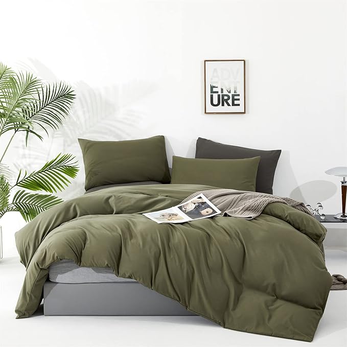 Wellboo Olive Green Comforter Sets Full Size Solid Dark Color Bedding Set Cotton Plain Army Soft Cozy Quilts Women Men Grass Green Blankets Modern Minimalist Hunter Green Bedding