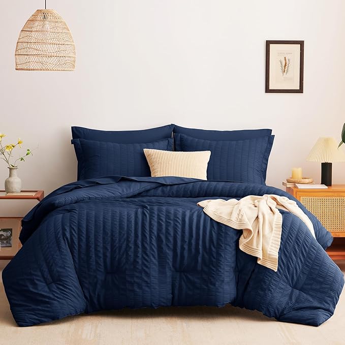 CozyLux Full Size Comforter Sets with Sheets Seersucker 7 Pieces Navy Blue Bed in a Bag Textured Luxury Soft Bedding Set with Down Alternative Comforter, Sheets, Pillowcases & Shams for All Seasons