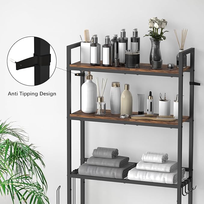 Over The Toilet Storage, Over Toilet Bathroom Organizer 3 Tier, Above Toilet Storage Rack for Bathroom Freestanding Bathroom Space Saver with Metal Frame and 4 Hooks for Laundry, Brown
