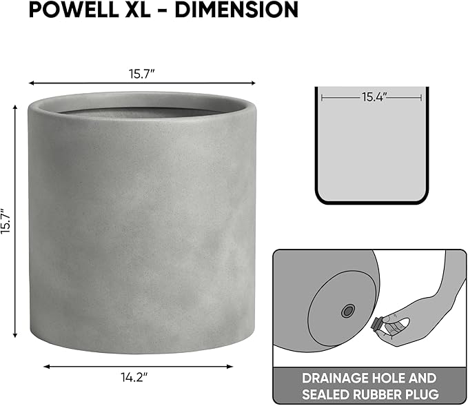 DTY Signature Mount Powell Fiberstone Planter - 16 Inch Extra Large Gray Cylindrical Mid-Century Modern Home Decor Indoor & Outdoor Plant Pot - Durable Planters for Indoor Plants, Outdoor Spaces