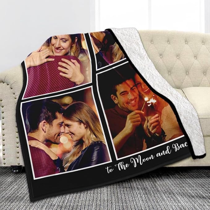 Custom Sherpa Fleece Blanket with Photos, Text, Soft, Warm, Fuzzy Personalized Couples Gifts for Boyfriend, Girlfriend