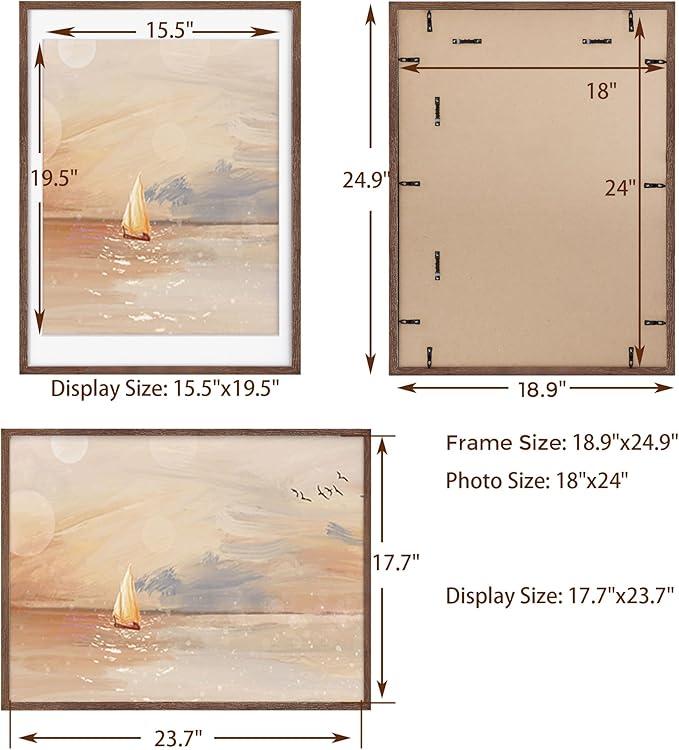 18x24 Poster Frame, Solid Oak Wood 18 by 24 Picture Frame Set of 2, 18x24 Wood Frames with Tempered Glass, 18 x 24 Frame with Mat for 16 x 20, Large Wooden Art Frame, Walnut Color