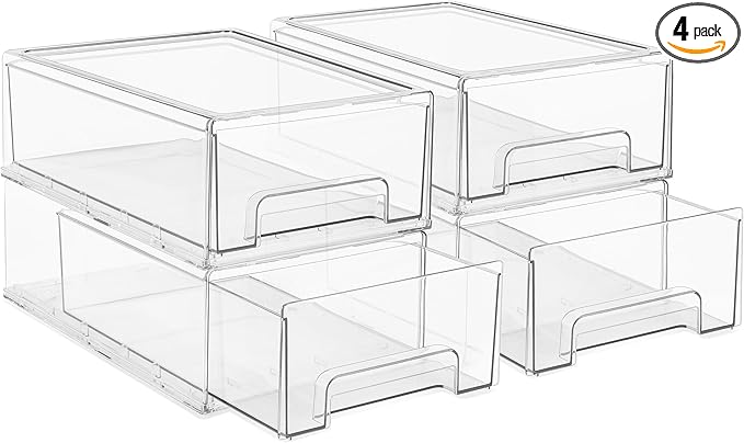 Sorbus Medium Clear Stackable Storage Drawers – 4-Pack Plastic Organizer Bins with Handles – Stackable Pull-Out Storage Drawers for Closet, Pantry, Office, Bathroom, Craft, and Toy Organization