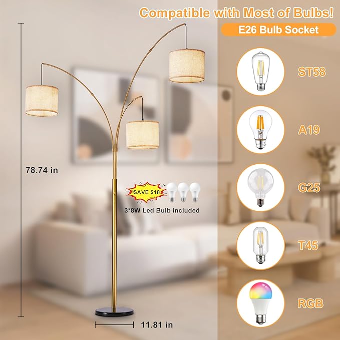 DLLT Modern Floor Lamp for Room: 3-Light Gold Tree Dimmable Floor Lamps with Beige Shades for Living Room - Arc Standing Lamp for Bedroom - Tall Floor Lamp for Office Corner 3 LED Bulbs Included