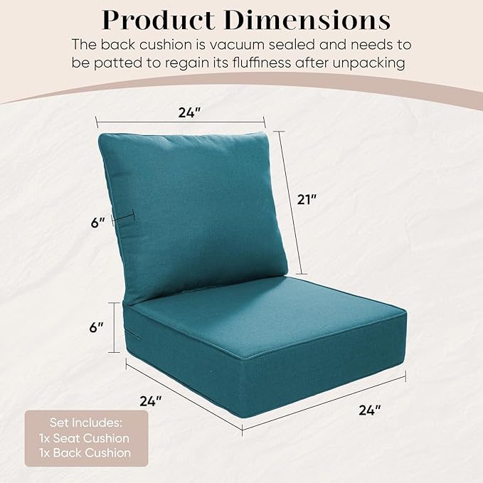 Outdoor Seat Cushion Set-24 x 24 x 6 Inch Outdoor Chair Cushions with Water Resistant & Removable Cover Outdoor Cushions for Patio Furniture Chair Sofa Couch-Peacock Blue