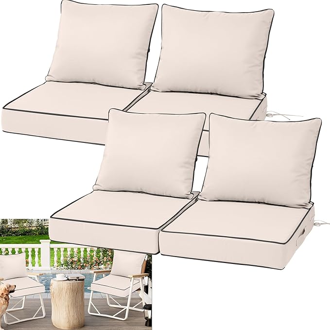 Waterproof Outdoor Chair Cushion Set of 4, 22x22x4 IN Deep Seat Patio Cushions with Fade Resistant Removable Cover,Outdoor Cushions for Patio Furniture w/ Ties&Handle for Chair Sofa Couch,Cream+Pipes