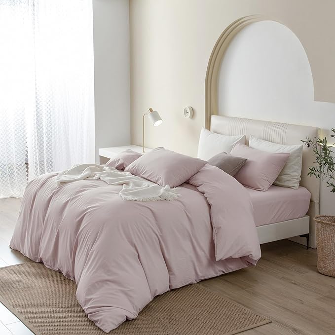 JIYUAN 100% Washed Cotton Duvet Cover Set 3 Pieces Queen, 1 Duvet Cover 90x90 Inches (Comforter Not Included) and 2 Pillowcases,Linen Feel Bedding Set Comfy and Breathable, Heathered Greyish Pink