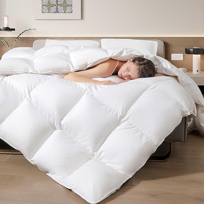 Feather Down Cotton Comforter Queen Size, All Season 100% Cotton Duvet Insert, Hotel Luxury Bedding Comforter Cozy Ultra Soft Medium Warmth Duvet Insert with 8 Corner Tabs White 90 x 90 Inch