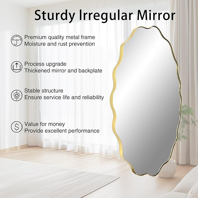 Scalloped Mirror, 35.5"x26" Bathroom Vanity Mirror, Irregular Shaped Mirrors Decorative, Modern Wavy Round Mirrors for Living Room Bedroom Hallway Entryway Fireplace