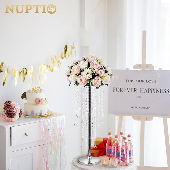 NUPTIO Silver Crystal Wedding Centerpieces - 2 Pcs 21.7in Tall Flower Vases for Party Tables Decorations