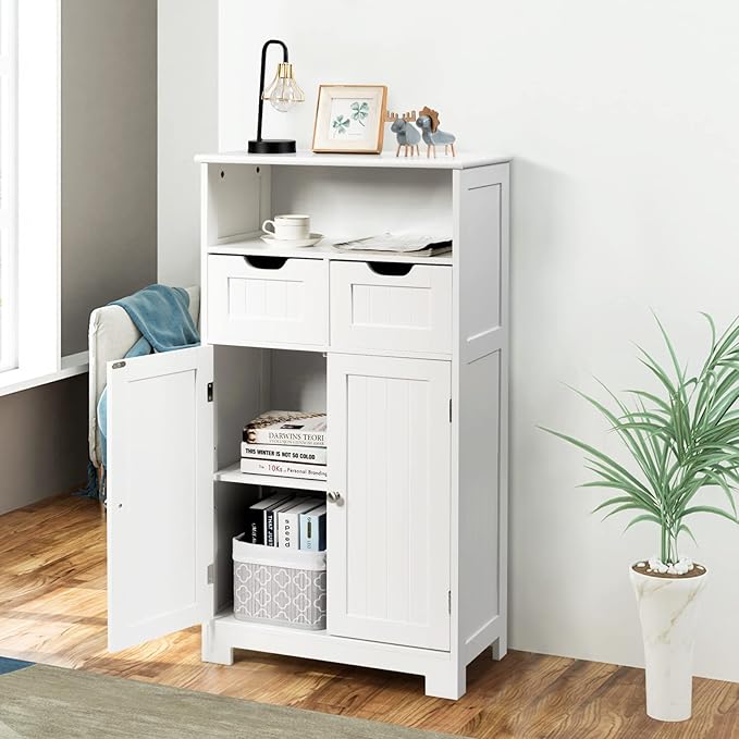 COSTWAY Bathroom Storage Cabinet, Freestanding Storage Organizer with 2 Drawers & Adjustable Shelf, Wooden Floor Cabinet for Living Room, Bedroom, Kitchen, Entryway (White)