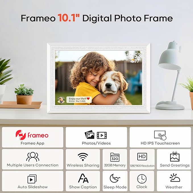 Frameo 10.1" Digital Picture Frame, Smart WiFi Digital Photo Frame with 1280x800 HD IPS Touch Screen 32GB Memory Auto-Rotate Wall Mounted, Share Photos/Videos from Phone Anywhere(White)