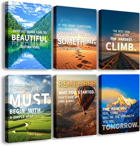 Inspirational Quotes Wall Art, Motivational Decoration Painting, Landscape Canvas Suitable for Library, Office, Living Room, Home Deco, Tabletop/Hanging | 6-Pack (29 x 38 cm) Framed