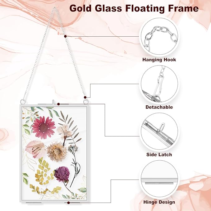 Barydat 12 Pack Pressed Flowers Glass Frames, 5 x 7 Inch Brass Hanging Floating Frame with Chain, Double Glass Photo Display for Dried Flowers, Plant Specimen, Artwork Display (Silver)
