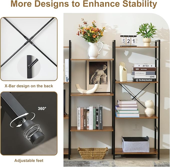Triple 4 Tier Bookshelf, Tall Book Shelf with 11 Open Display Shelves, Adjustable Industrial Bookcase in Living Room, Bedroom, Wide Metal Bookshelf Book Case for Home & Office, Rustic Brown