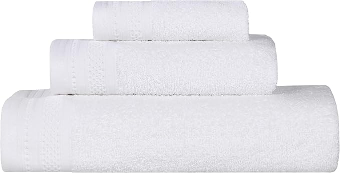 Superior Honeycomb Cotton Medium Weight Towels, for Guest Bath, Master Bathroom, Shower, Quick Dry, Adults, Home Essentials, Textured Waffle Border, Assorted Towel Set, 3 Piece Towel Set, White