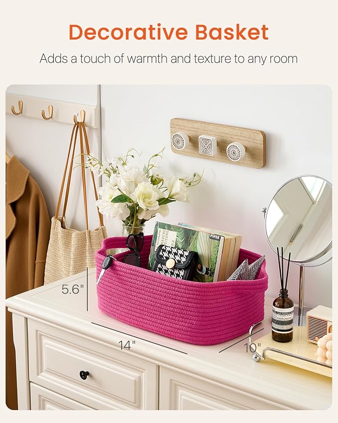 KALLAX Small Woven Basket, 14 x 10 x 5.6 Inches, Small Storage Baskets for Organizing, Gift Baskets Empty, Cute Rope Shelf Closet Storage Bins for Shelves, Dog Toy Basket, Hot Pink
