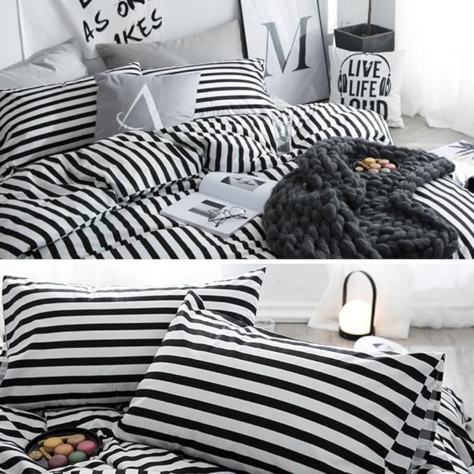 CLOTHKNOW Striped Comforter Set Queen Black and White Bedding Comforter Sets All Season Farmhouse Comforter Queen with 2 x Pillow Cases