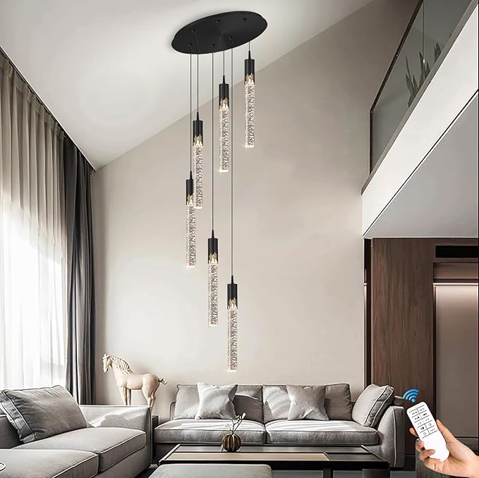 Flashing God 6-Lights Black Staircase Chandeliers Crystal Bubble Raindrop Chandelier 70'' High Ceiling Foyer Entrance Chandeliers Creative Loft Ceiling Light Dimmable 2700K 4500K 6000K