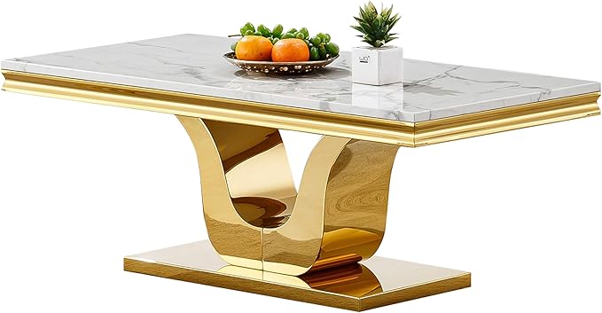 SSLine Rectangular Faux Marble Coffee Table for Living Room Modern Luxury White Marble Center Table with Gold Pedestal Base 46.8" Mid-Century Cocktail Table with Mirrored Stainless Steel Frame