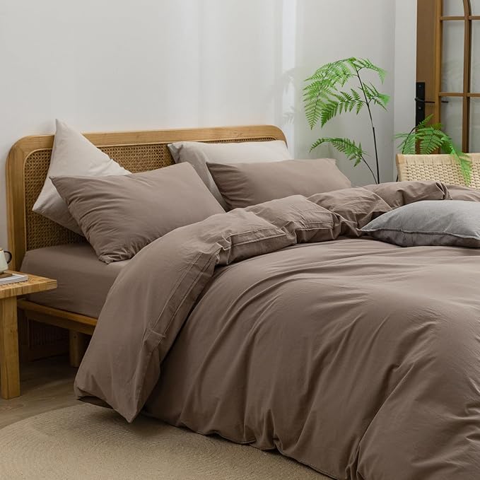 BESTOUCH Duvet Cover Set 100% Washed Cotton Linen Feel Super Soft Comfortable Chic Lightweight 3 PCs Home Bedding Set Solid Pine Bark Brown Super King Plus