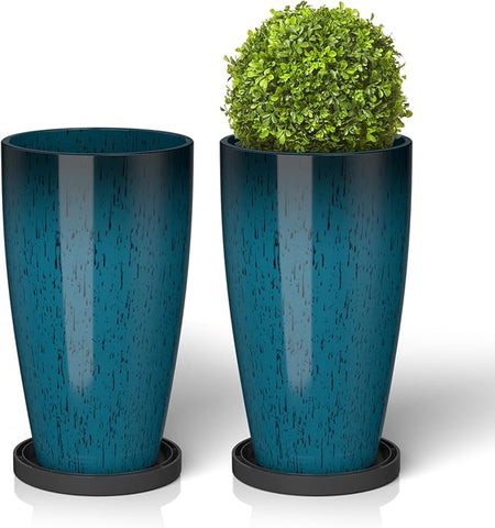 ZMTECH 21 Inch Tall Plant Pots for Indoor & Outdoor Use Set of 2, Large Plastic Planters with Removable Tray for Outside with Drainage Holes for Front Porch Patio Garden, Dark Teal Blue