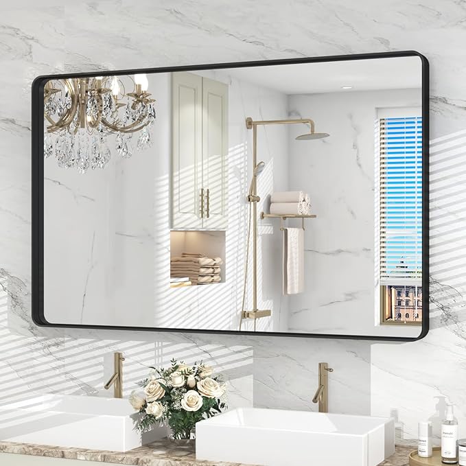 48x30 Black Bathroom Wall Mirror, Black Matal Framed Mirror, Matte Rectangle Bathoom Vanity Mirror, Anti-Rust, Shatterproof, Hangs Vertically or Horizontally