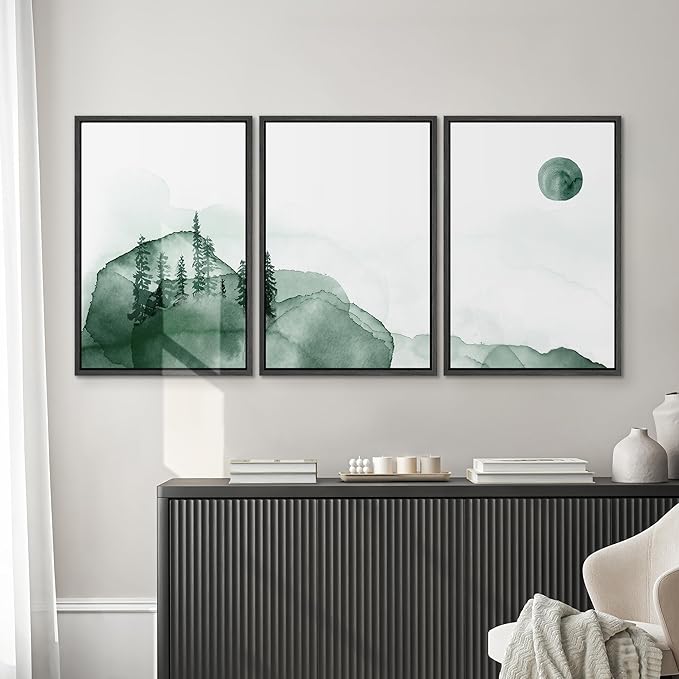SIGNWIN 3 Piece Framed Canvas Wall Art Green Watercolor Landscape with Moon Nature Wilderness Illustrations Abstract Traditional Home for Living Room,Bedroom - 16"x24"x3 Black