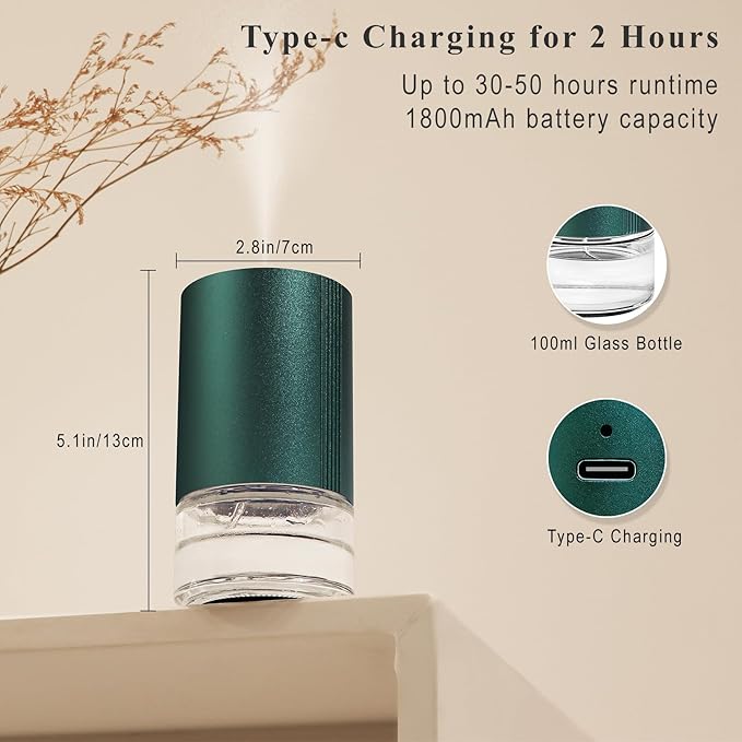 Essential Oil Diffuser, Waterless Scent Diffusers for Home Large Room, Rechargeable Atomizing Humidifier with 7-Color Night Light, Ultrasonic Air Freshener Machine (Green)