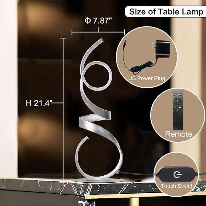 20W 2700LM 3 Colors Dimmable LED Art Table Lamp 21.4 Inch with Touch Switch for Living Room,Bedroom (Sand Nickel(Remote))