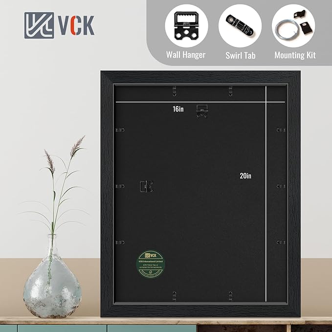VCK 16x20 Picture Frame Set of 2 Display Pictures 11x14 with Mat or 16x20 Without Mat, Wall Gallery Poster Frames,Horizontal and Vertical Formats Black