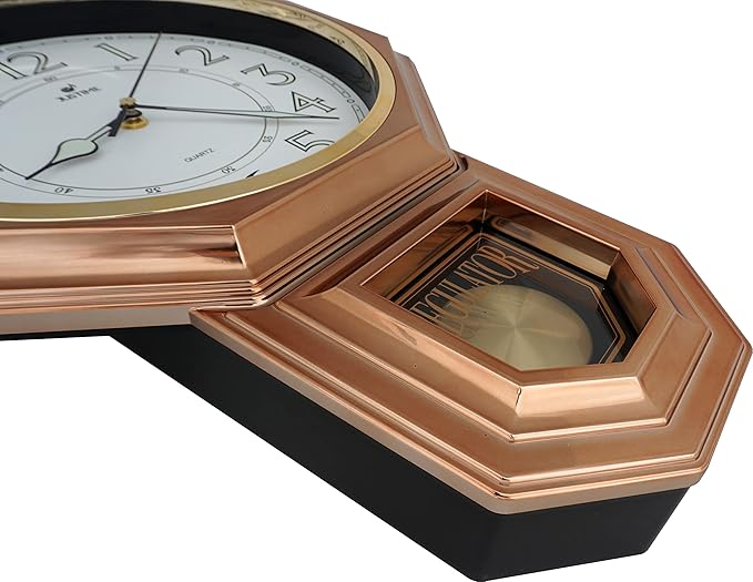 JUSTIME Traditional Schoolhouse Luminious Arabic Regulator Wall Clock, Chiming Wall Clocks with Pendulum & Westminster Chime Hourly, Schoolhouse Wall Decor Battery Operated (Vintage Copper)