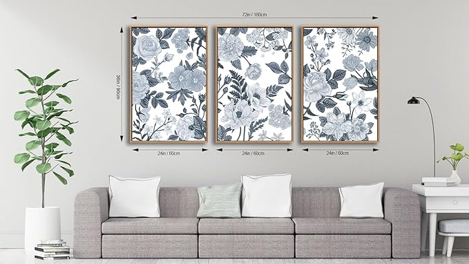 Large Framed Canvas Wall Art - Natural Float Framed Rustic Grey White Flowers Pictures Decor Gray Blue Leaves Artwork Prints for Bedroom Living Room Kitchen Home Office Decoration 72" X 36" Set of 3