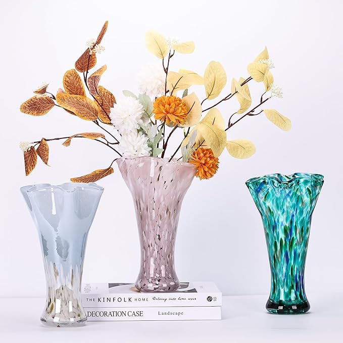 9.0" H Pink Glass Vases for Flowers, Unique Hand Blown Glass Vase Pink Home Decor, Wide Mouth Colorful Flower Vase Centerpieces, for Living Room Table Bookshelf, Bathroom Office Shelf Decorative