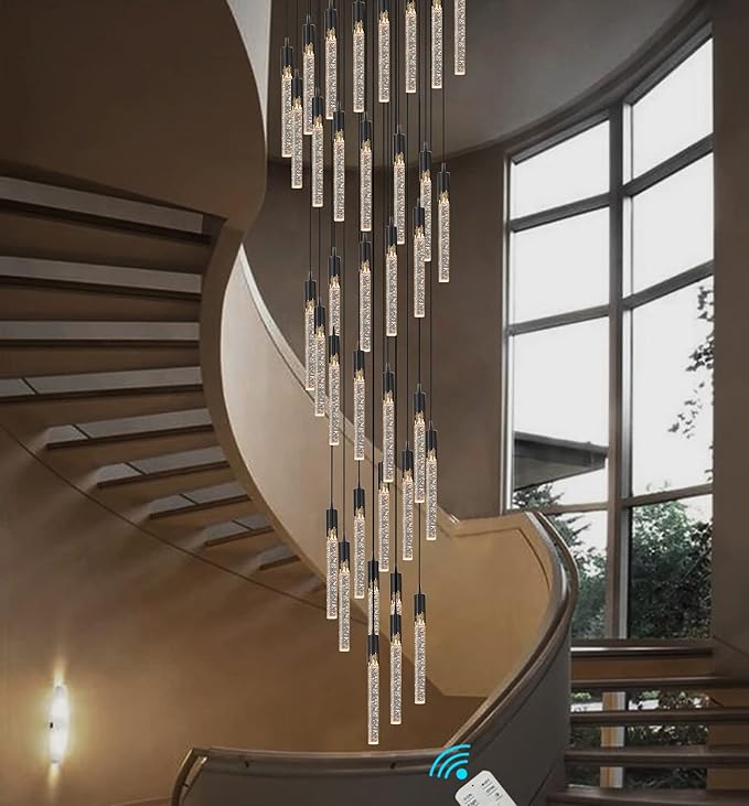Flashing God Long Chandeliers for High Ceiling Black Bubble Crystal Chandelier Large Foyer Entrance Chandeliers for High Ceiling Big Crystal Chandelier LED Dimmable 2700K-6000K