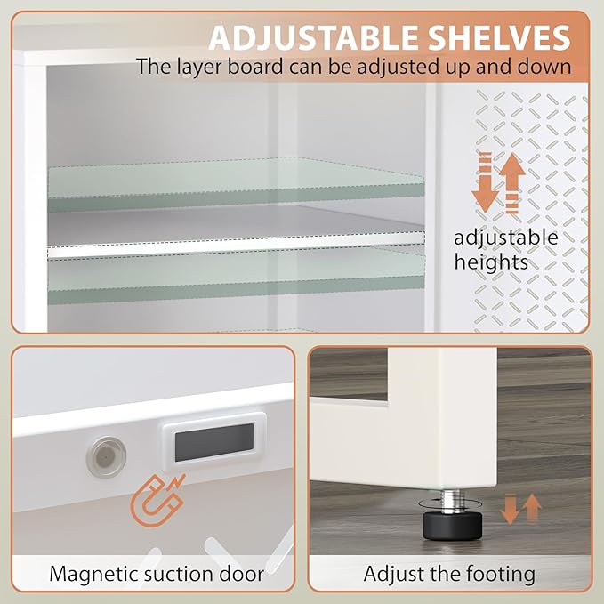 LEYNOT Small Bathroom Storage Cabinet 42.51“H Metal Bathroom Floor Cabinet with Adjustable Shelves for Pantry，Kitchen, Home Office, Living Room, Dinning Room (White)