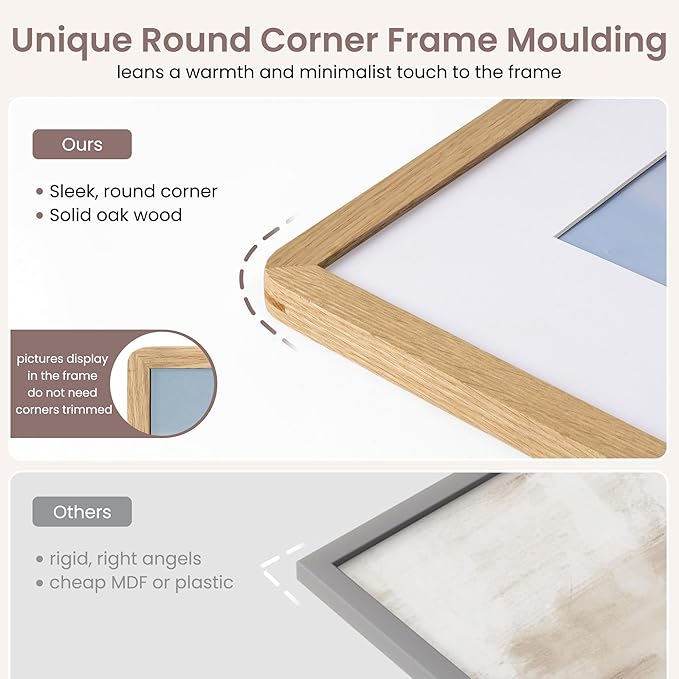 11x14 Picture Frame - Solid Oak Wood 11x14 Picture Frame With Mat For 8x10, 11''x14'' Poster Frame, Plexiglas and Hanging Hardware Included, 11 By 14 Poster Frame Wood, Natural Oak