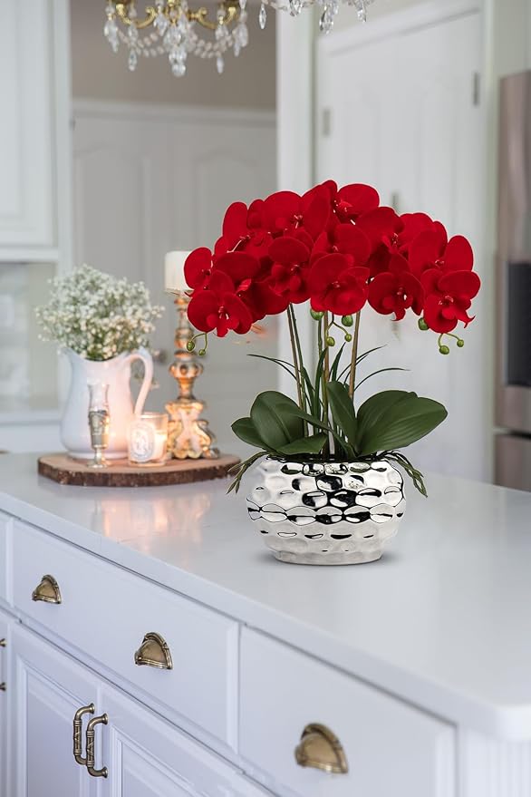 Briful Red Orchid Artificial Flowers 18" Large Silk Orchid with Silver Ceramic Pots Fake Orchid Arrangement for Home Office Bathroom Living Room Table Decoration