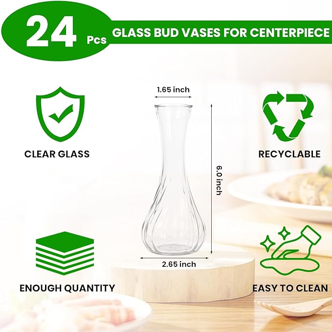 24 Pack Glass Vases for Centerpieces, 6 Inch Tall Small Glass Bud Vases in Bulk Clear Flower Vase for Centerpieces Wedding Home Table Decor