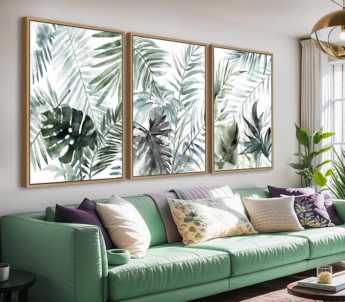 Large Framed Canvas Wall Art - Natural Float Framed Tropic Leaf Pictures Wall Art Prints for Living Room Decor Green Plants Artwork for Bedroom Kitchen Home Office Decoration 48" X 24" Set of 3
