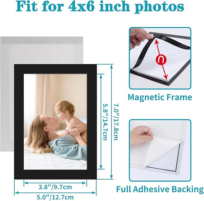 CRUGLA 4x6 Magnetic Picture Frames for Refrigerator 8 Packs, Modified Magnetic Sheet with Self Adhesive Backing, Black 4 by 6 Photo Frame Set for Locker Glass Window Door Cubicle