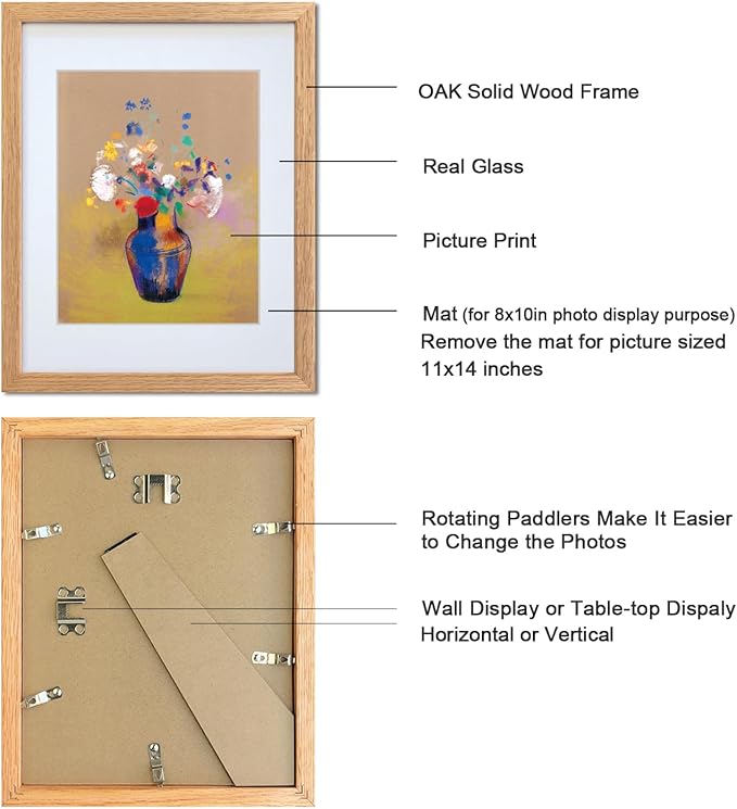 11x14 Picture Frame Set of 2 OAK Solid Wood with Real Glass for Pictures 8x10 with Mat or 11x14 Without Mat, Wall Mount or Tabletop Gallery Photo Frames(2 Pack, Oak)
