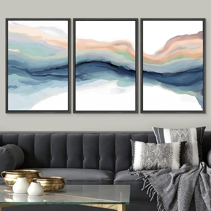 SIGNWIN Framed Canvas Print Wall Art Set Pastel Watercolor Teal Brown Paint Stroke Landscape Abstract Shapes Illustrations Modern Art Decorative for Living Room, Bedroom, Office - 16"x24"x3 Black