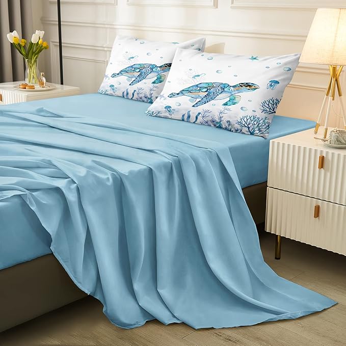 Ocean Themed Bedding Sets 6 Pieces Twin Bed in A Bag Teal Blue Turtle Sea Horse Animal Cartoon Pattern Beach Coastal Bedding Comforter