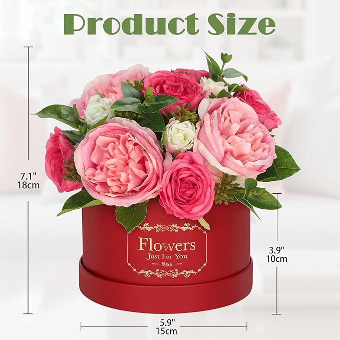 Hollyone Red Pink Artificial Peonies Roses in Vase Round Gift Boxes with Fake Flowers Arrangements Faux Flowers Floral in Box Vase for Her Mothers' Day Valentine's Day Christmas Birthday Gift