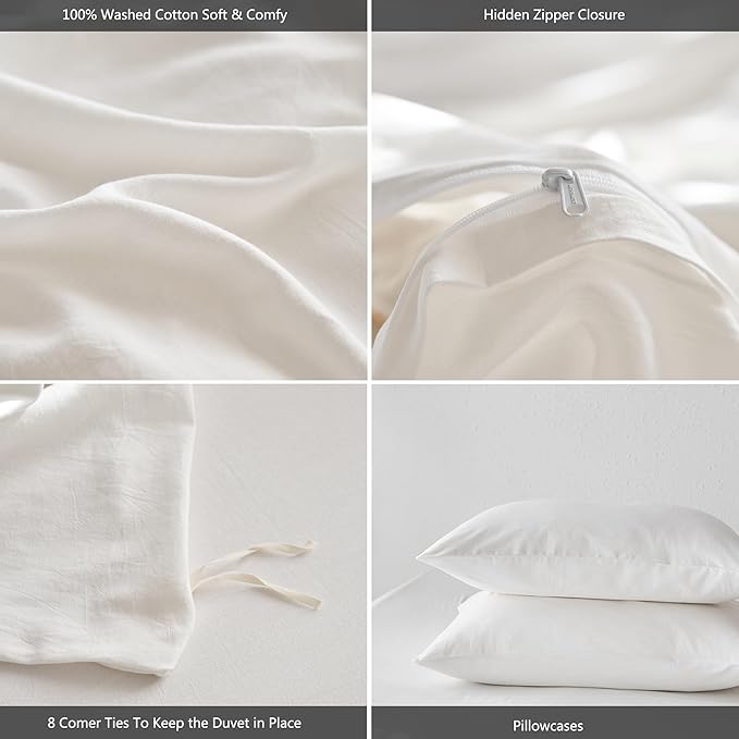 MooMee Queen Duvet Cover Set, 100% Washed Cotton Linen Like Twill Thick Sturdy Material Super Soft Breathable Durable Bedding for All Season, 3 Pieces (Off White, Queen 90"x90")