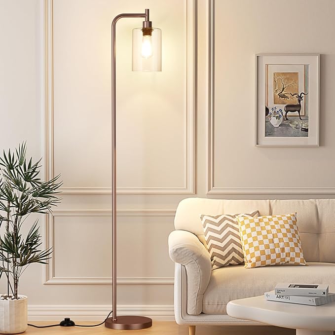 Floor Lamps for Living Room - Industrial Standing Lamp with Glass Shade, Modern Floor Lamp with LED Bulbs, Farmhouse Floor Lamp for Bedroom, Tall Lamp for Office - Brown