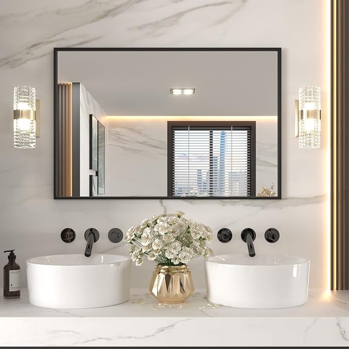 LOAAO 48"X32" Black Rectangle Bathroom Mirror Wall, Matte Black Aluminum Alloy Frame, Tempered Glass, Hangs Vertically or Horizontally, Easy to Install