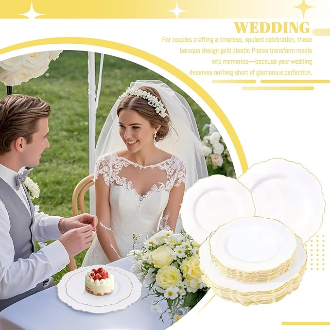 WDF 60pcs White and Gold Plastic Plates - Baroque White With Gold of 30 Heavy Duty Gold dinner plates 10.25inch, 30 Salad Plates 7.5inch Perfect for Weddings/Party/Birthday