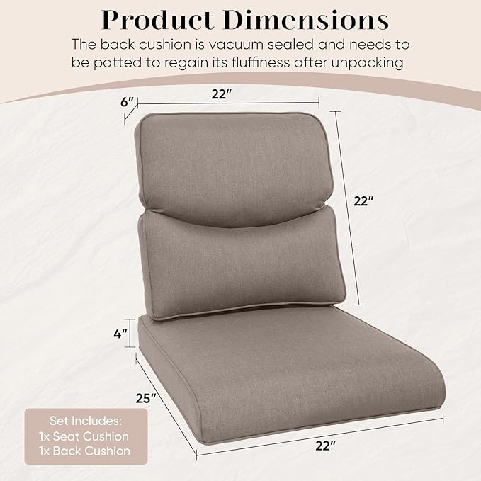 Outdoor Chair Cushions Set - 22 x 25 Inch Fade Resistant Patio Chair Cushions Outdoor Seat Cushions for Patio Furniture Chair Sofa Couch-Grey